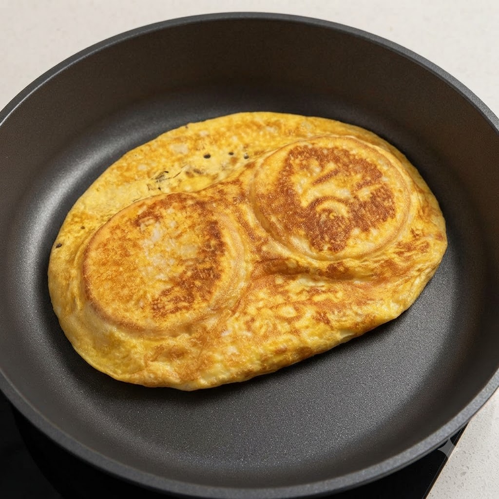 Un foglio di uovo cotto dorato che viene piegato attorno a due panini da hamburger allinterno di una padella.
