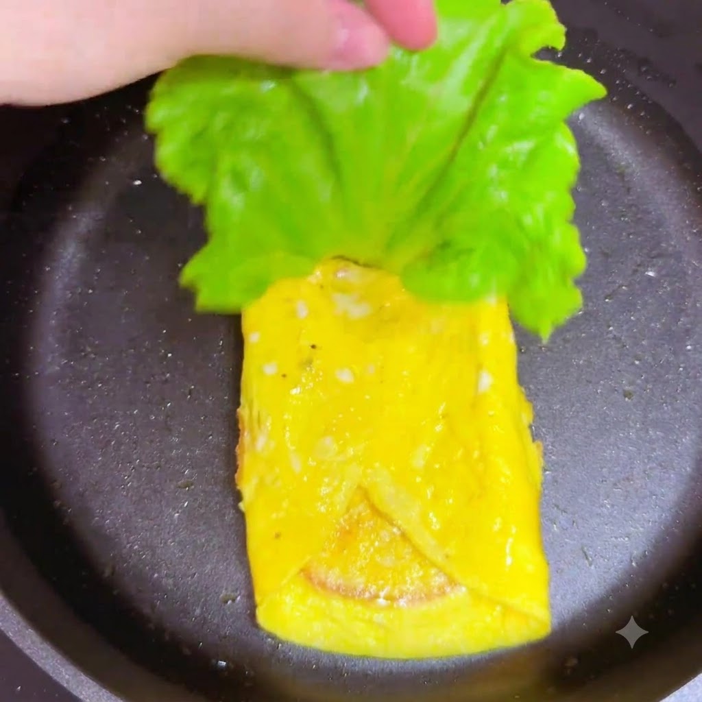 Una foglia di lattuga verde fresca posizionata sopra lo strato di prosciutto allinterno della padella.