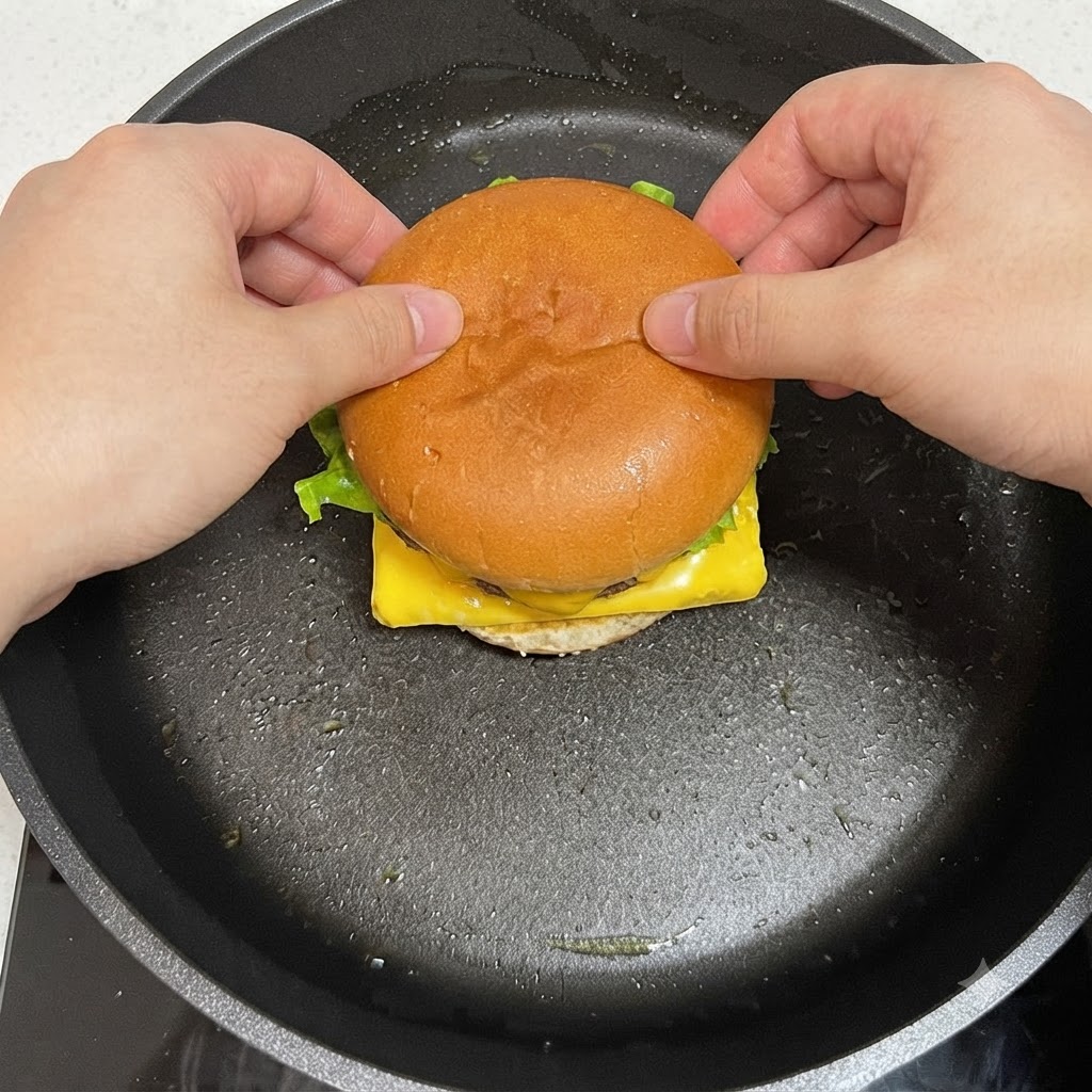 Mani che posizionano il panino superiore dellhamburger sopra gli ingredienti a strati e avvolgono i bordi delluovo attorno ad esso.