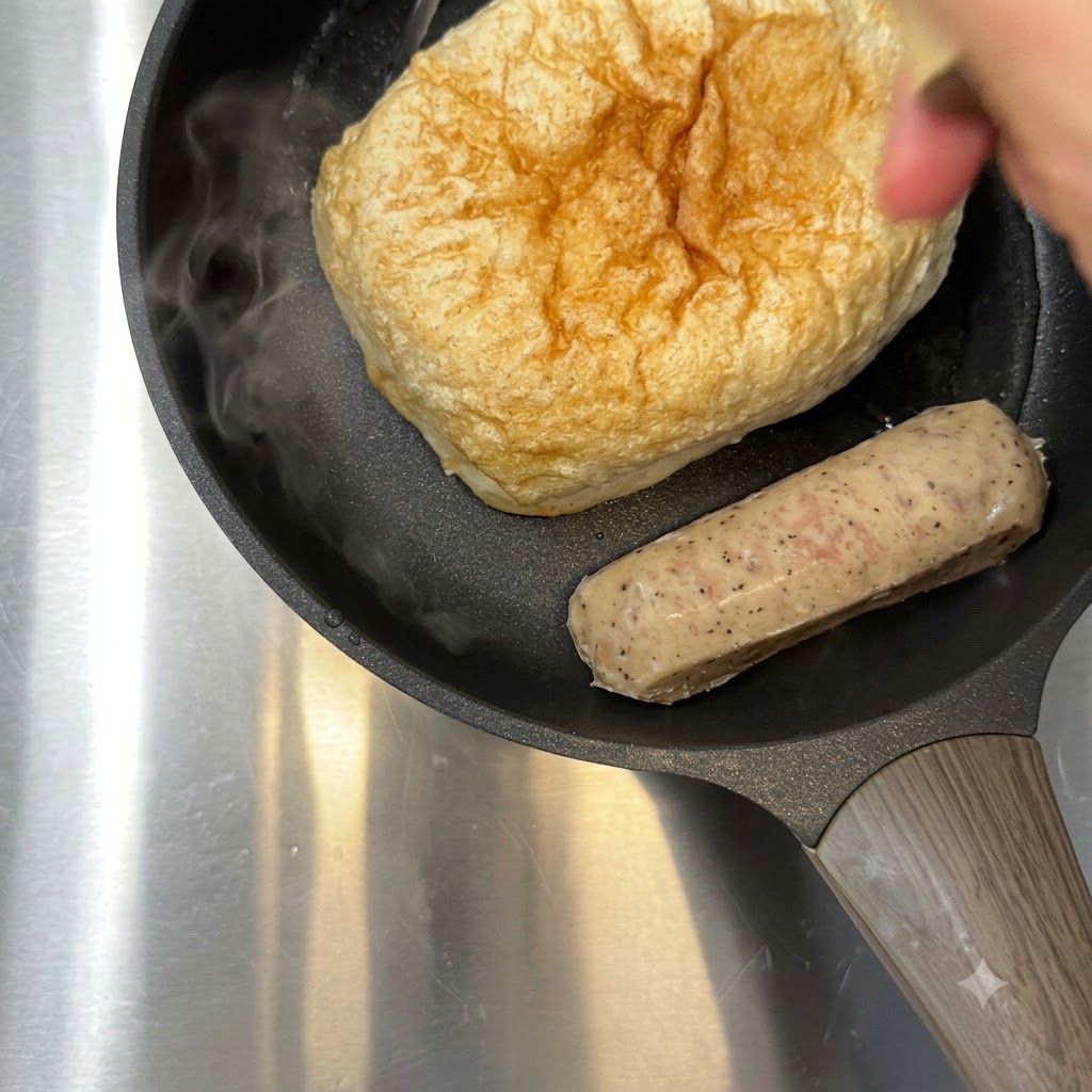 Acqua bollente versata nella padella accanto alla ciabatta e alla salsiccia.
