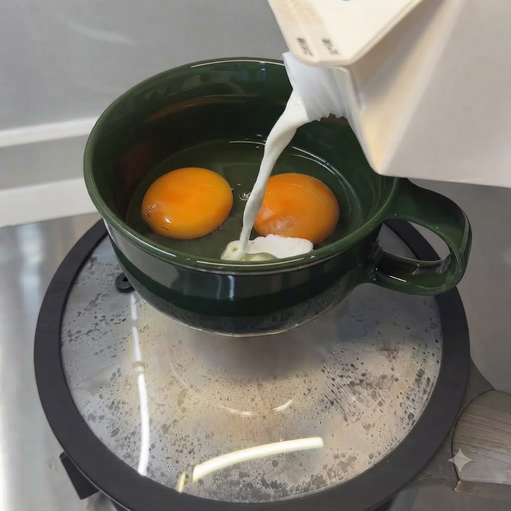 Latte versato da un cartone nella ciotola con le uova.
