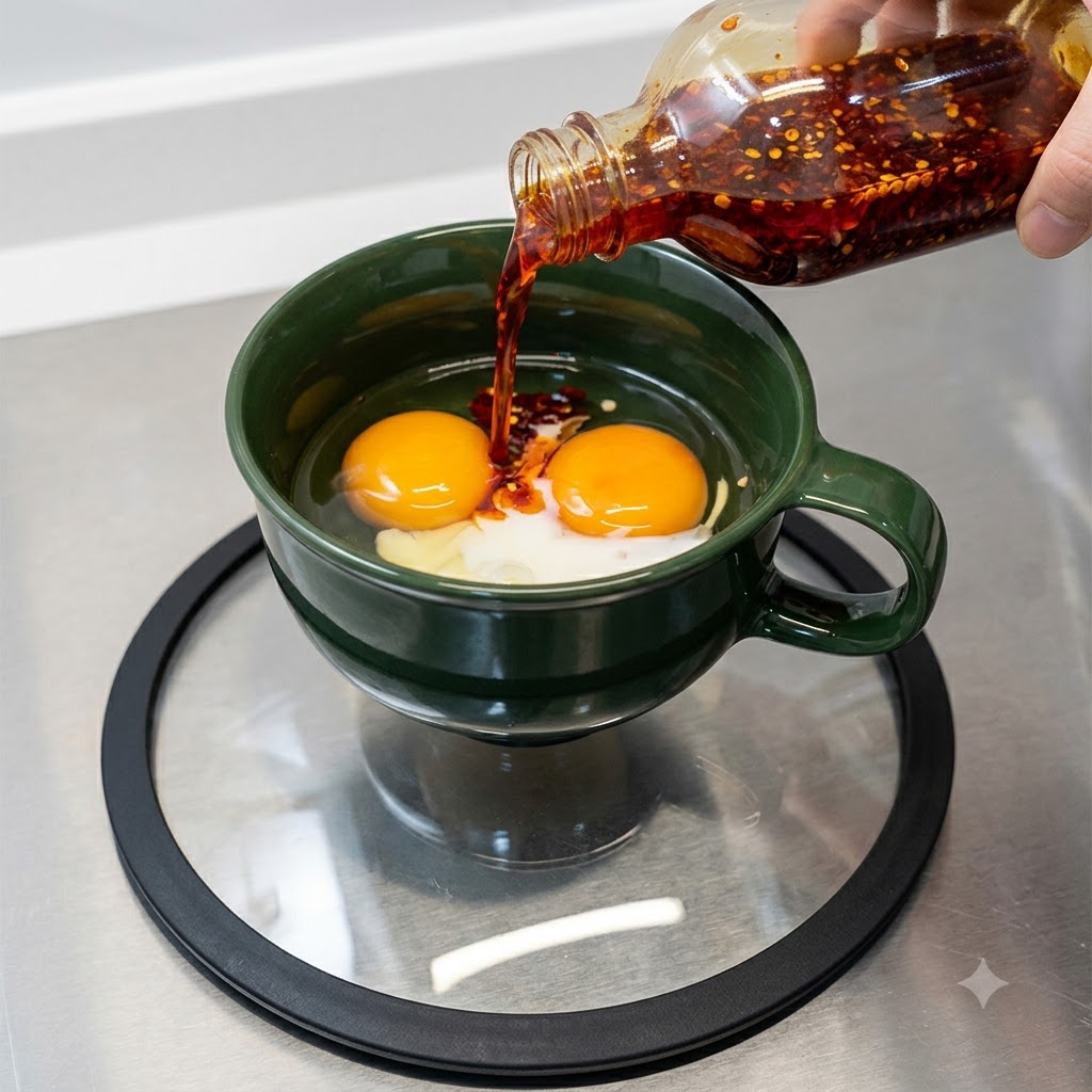 Olio piccante versato nella ciotola contenente uova e latte.