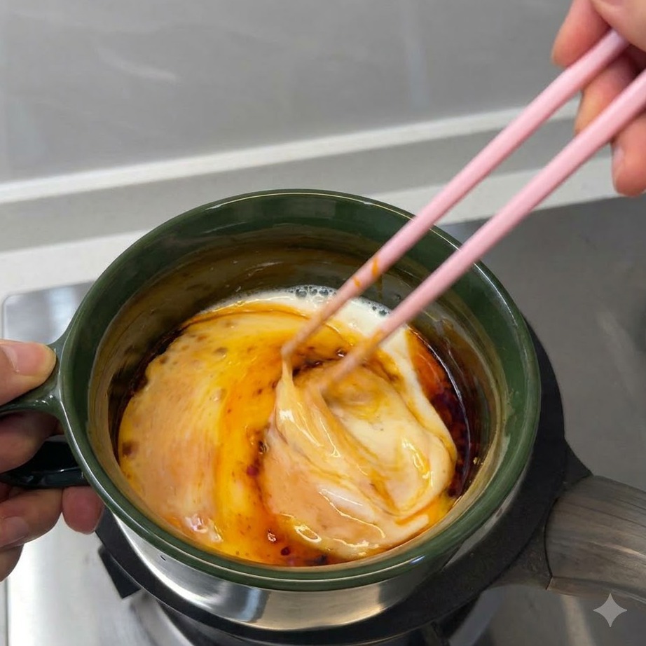 Bacchette che mescolano uova, latte e olio piccante in una ciotola verde.