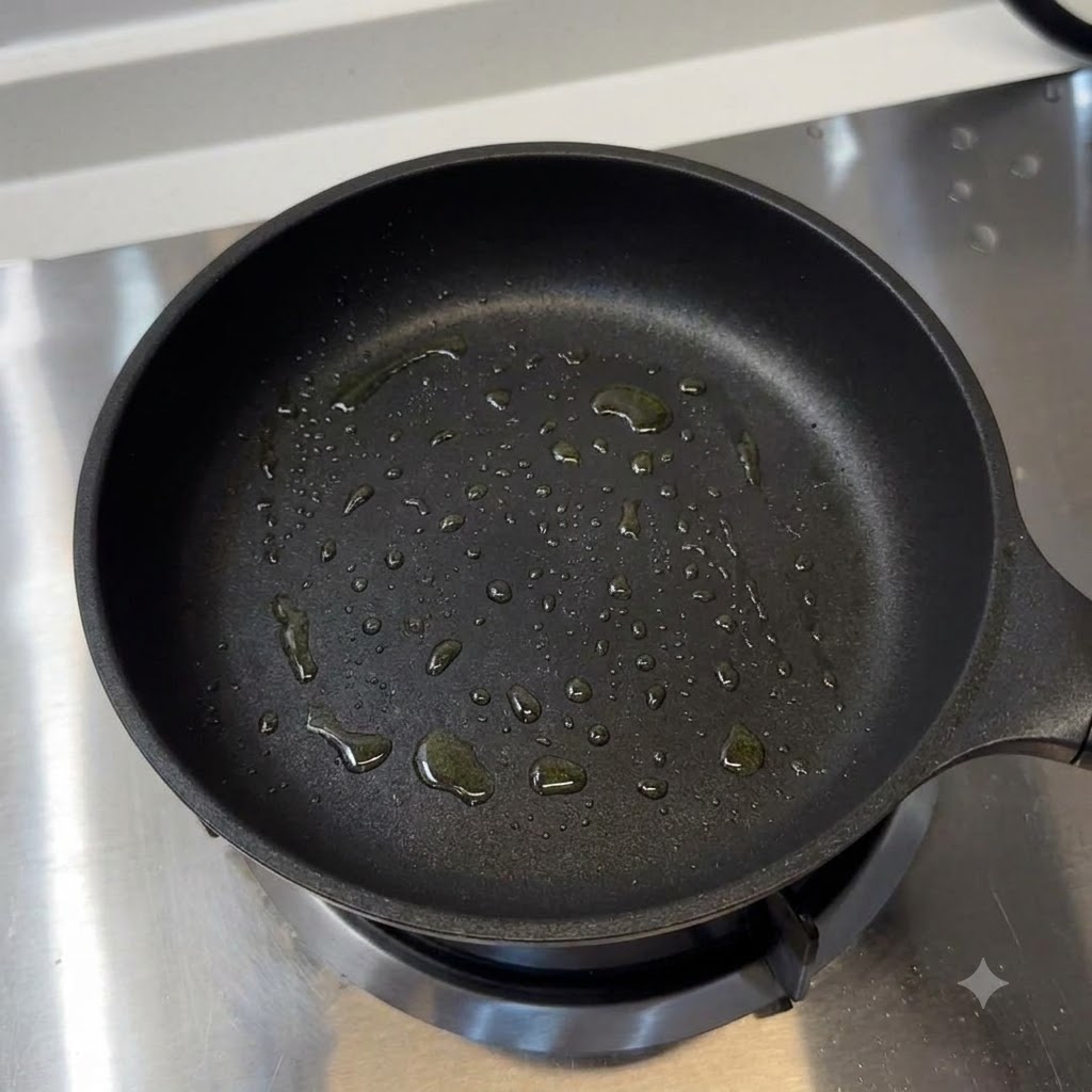 Una padella unta con gocce di olio da cucina distribuite sul fondo.