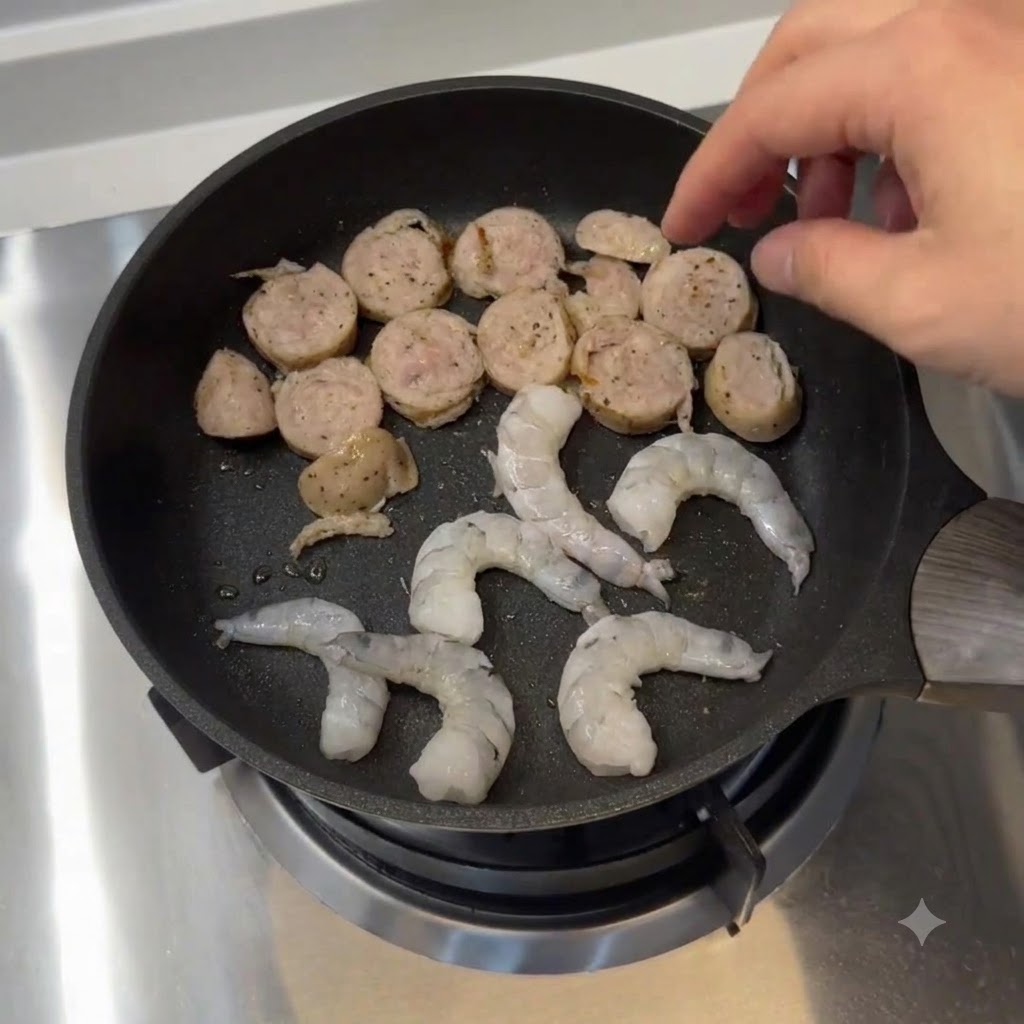Salsiccia affettata e gamberi crudi disposti in una padella su un fornello a gas.