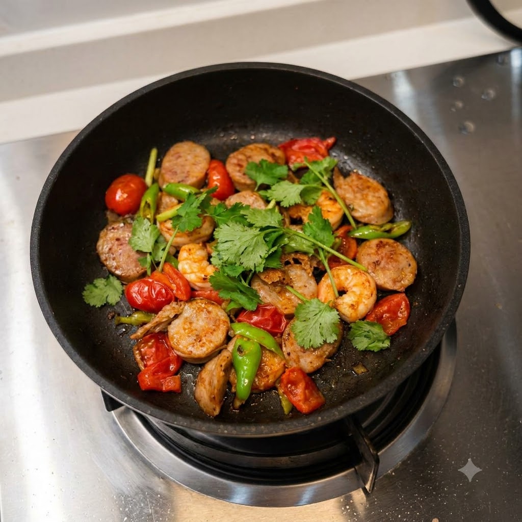 Foglie di coriandolo fresco tagliate direttamente su una padella piena di salsiccia cotta, gamberi, pomodori e peperoni verdi.