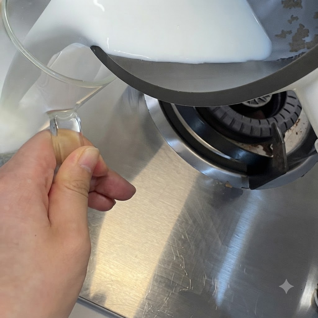 Il composto di uova e gli ingredienti mescolati e cotti con una spatola nella padella.
