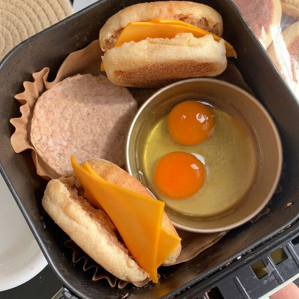 Due uova che si rompono in un anello di metallo rotondo in una padella accanto a una salsiccia per la colazione che sfrigola.