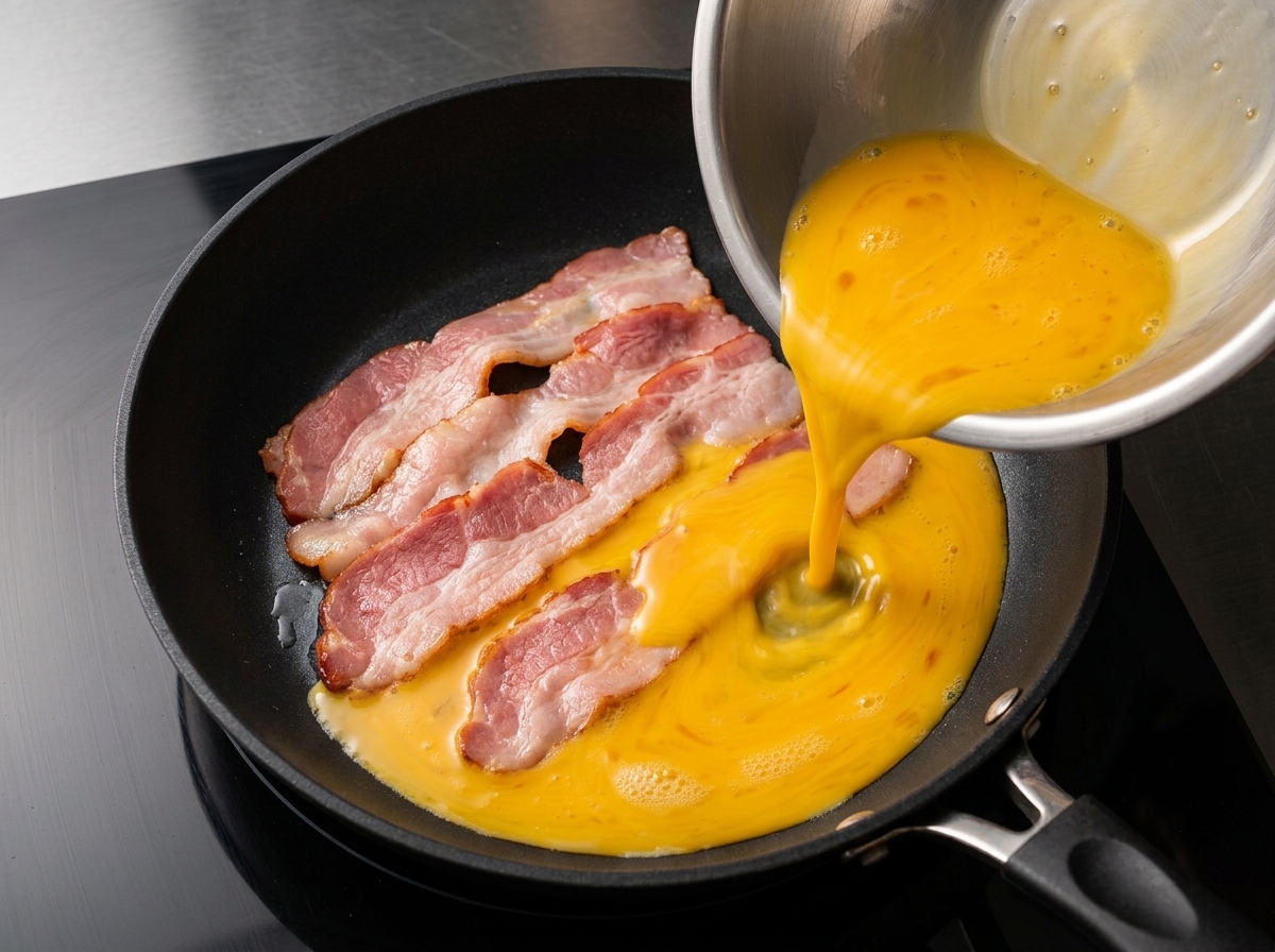 Uova sbattute versate da una ciotola in acciaio inossidabile direttamente sulle fette di pancetta in una padella calda.