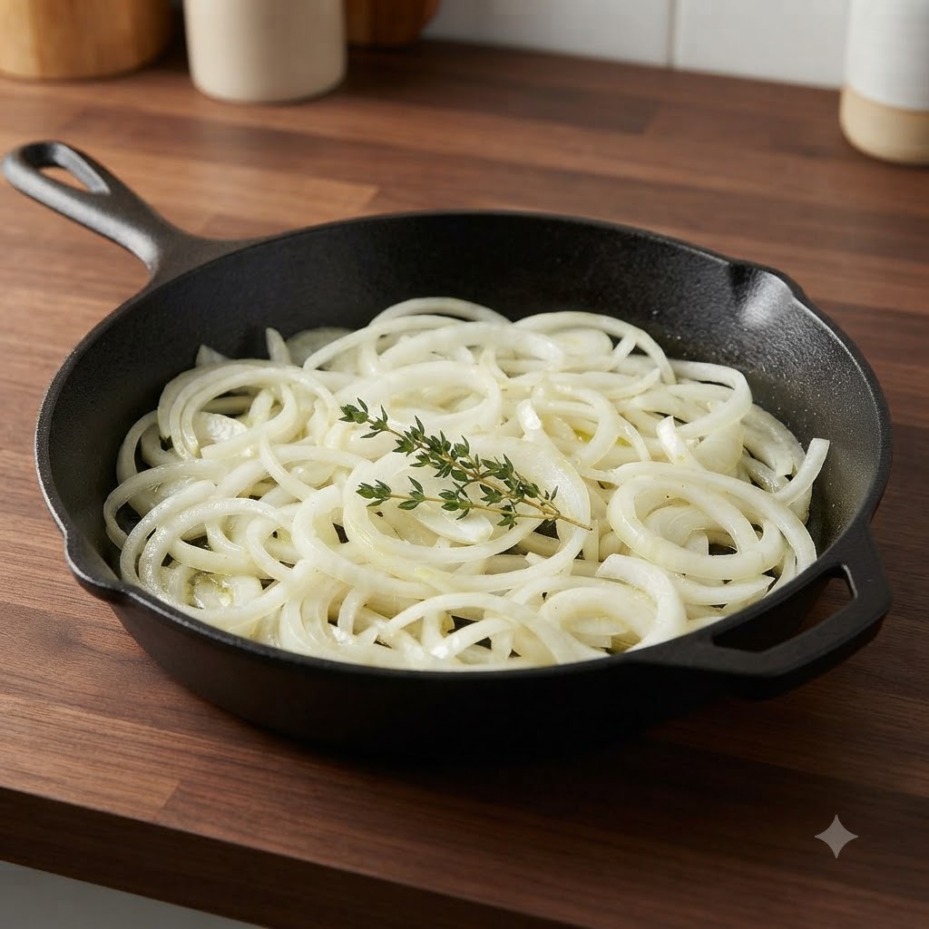 Una padella in ghisa riempita di anelli di cipolla crudi affettati e un rametto di timo fresco su un bancone di legno.