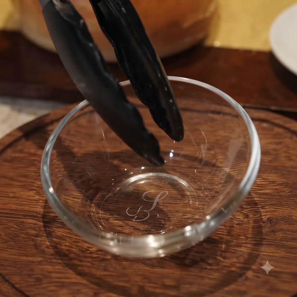 Le pinze da cucina sollevano le cipolle caramellate fuori da una padella in una piccola ciotola di vetro.