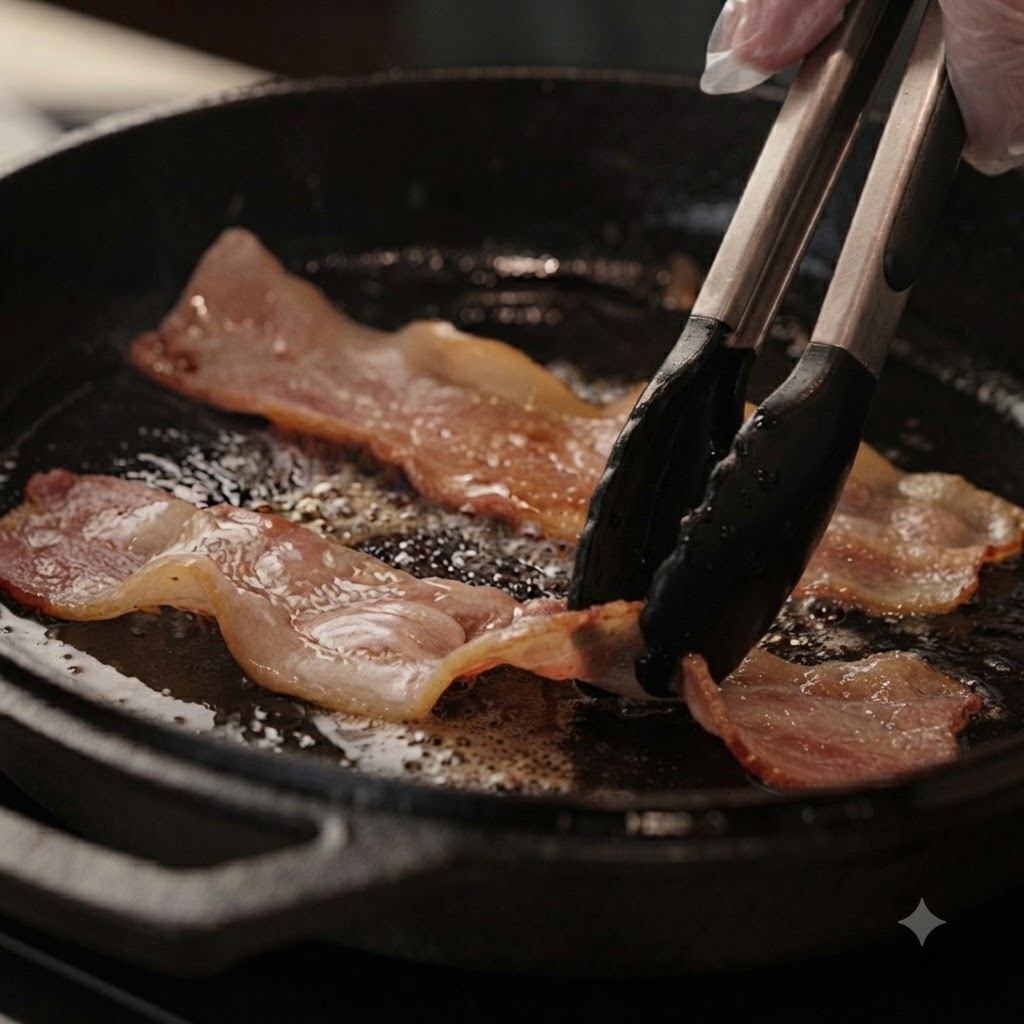 Strisce di bacon che friggono in una padella di ghisa calda maneggiate con pinze da cucina nere.