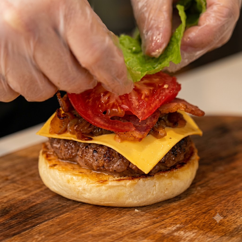 Una mano che posiziona un pezzo di lattuga verde fresca sopra pomodori affettati, bacon, formaggio e una polpetta di manzo.