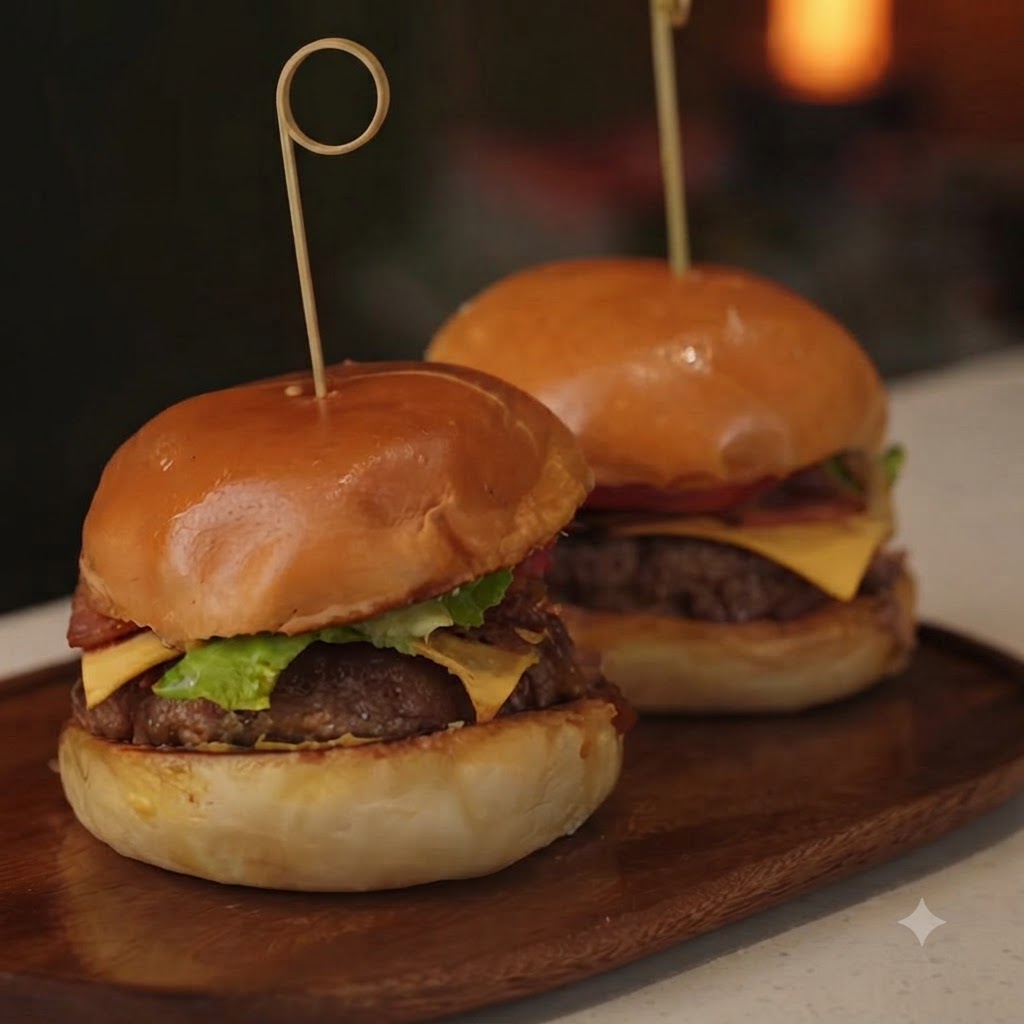 Due hamburger di manzo fatti in casa completamente assemblati su un asse di legno, ciascuno fissato con uno spiedino di legno.