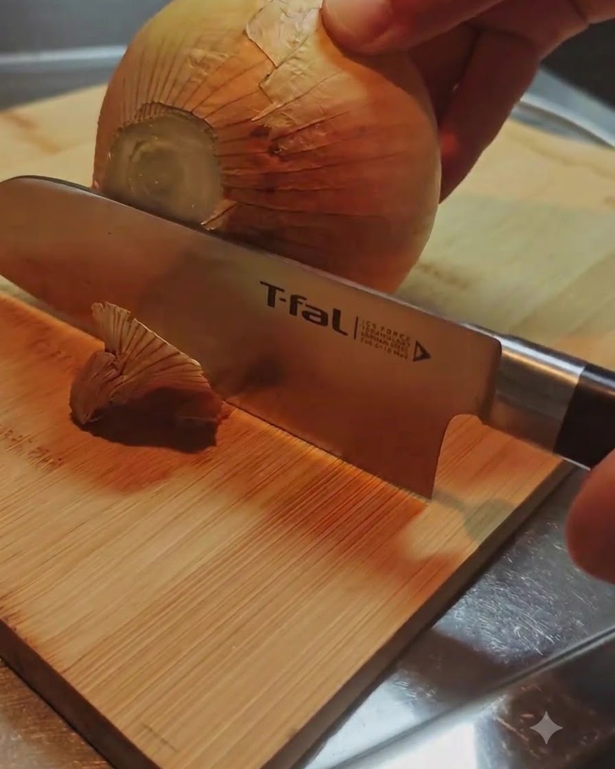Un coltello che taglia lestremità della radice di una cipolla intera su un tagliere di legno.