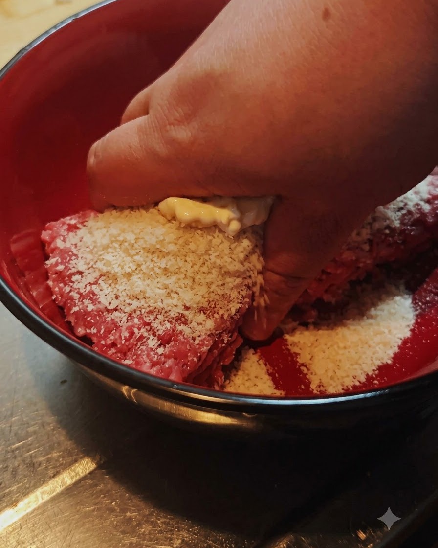 Una mano che mescola carne macinata, pangrattato e condimenti allinterno di una ciotola rossa.