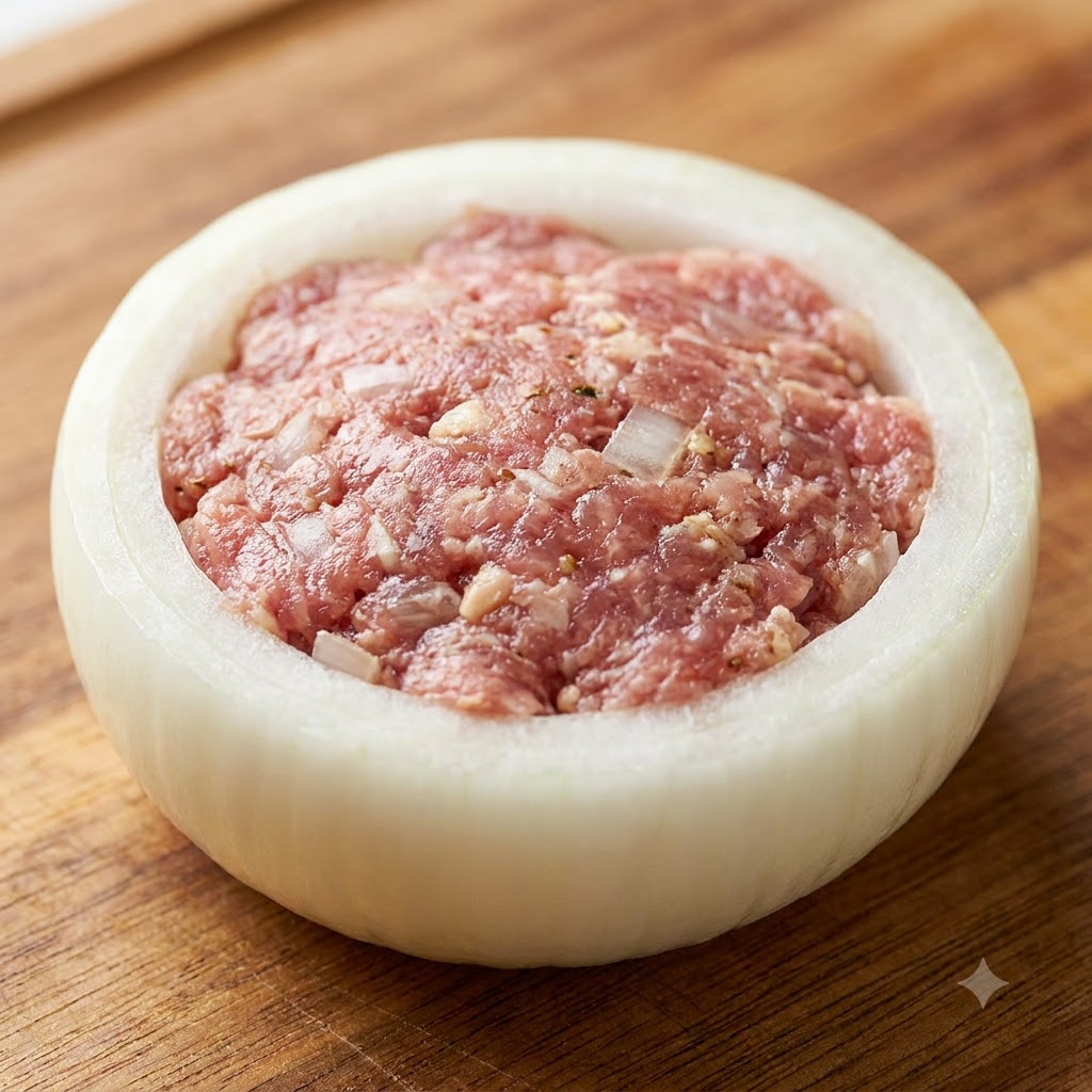 Un singolo anello di cipolla ripieno di carne adagiato su una superficie di legno, riempito uniformemente con carne macinata condita.