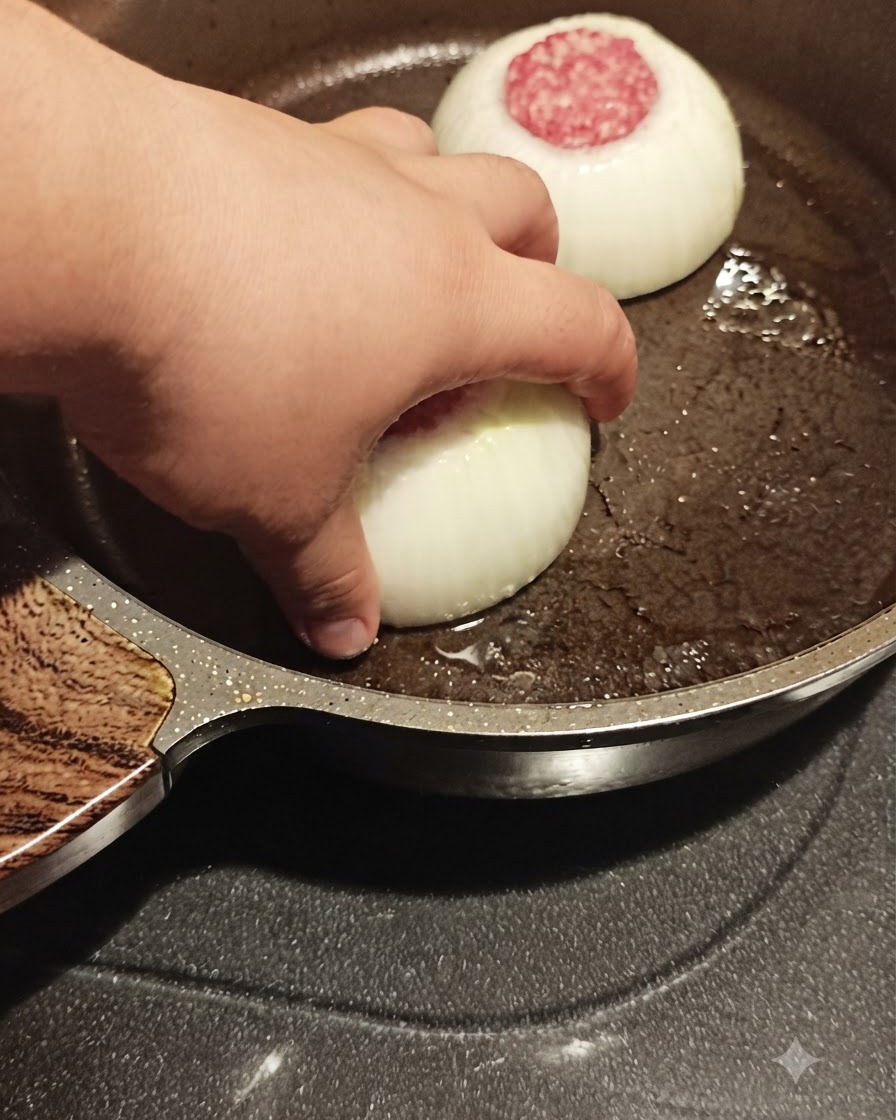 Una mano che posiziona un anello di cipolla ripieno di carne in una padella calda insieme a cipolle tritate.