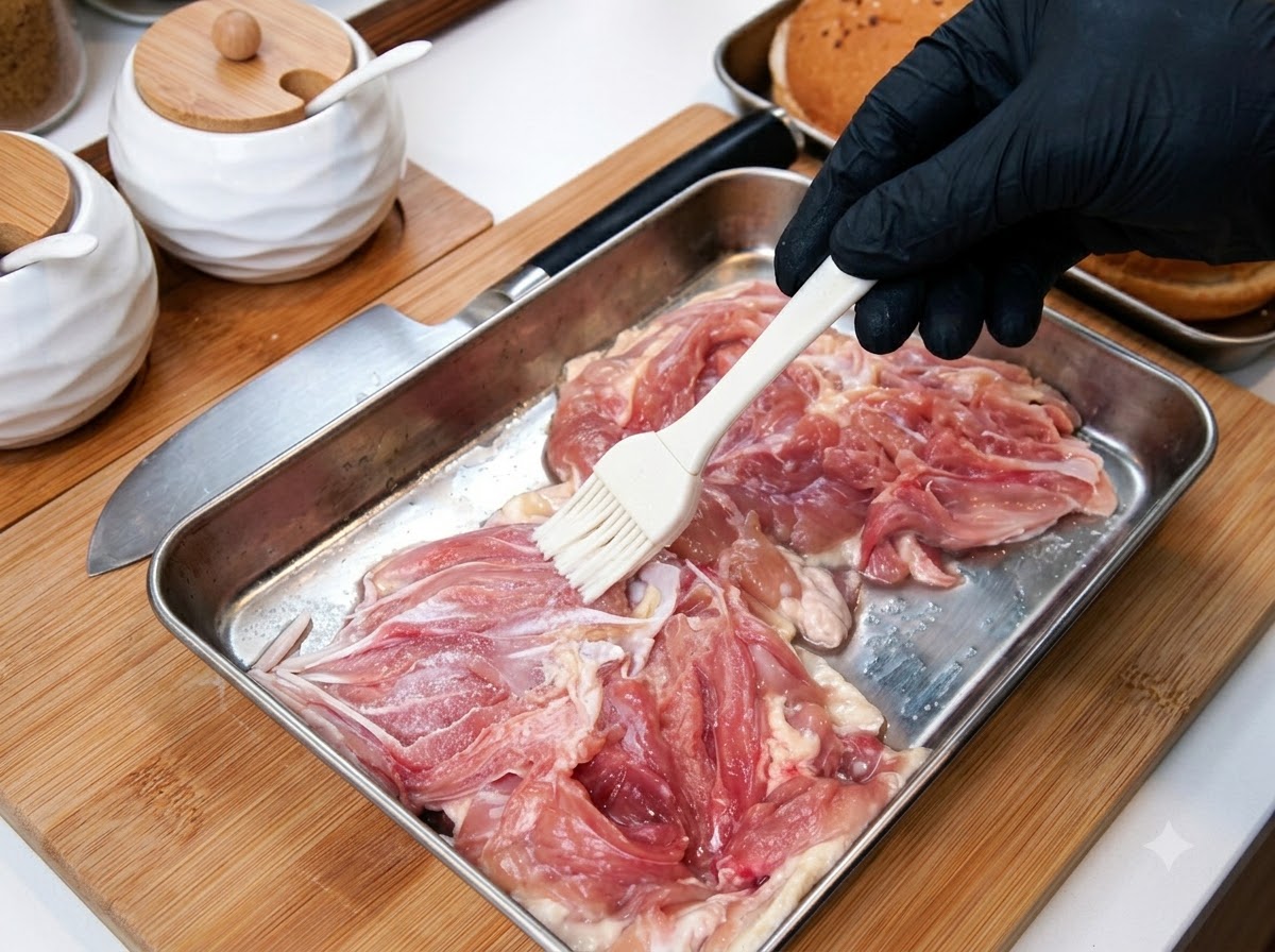 Una mano guantata che usa un pennello bianco per spalmare i condimenti sulle cosce di pollo in un vassoio di metallo.