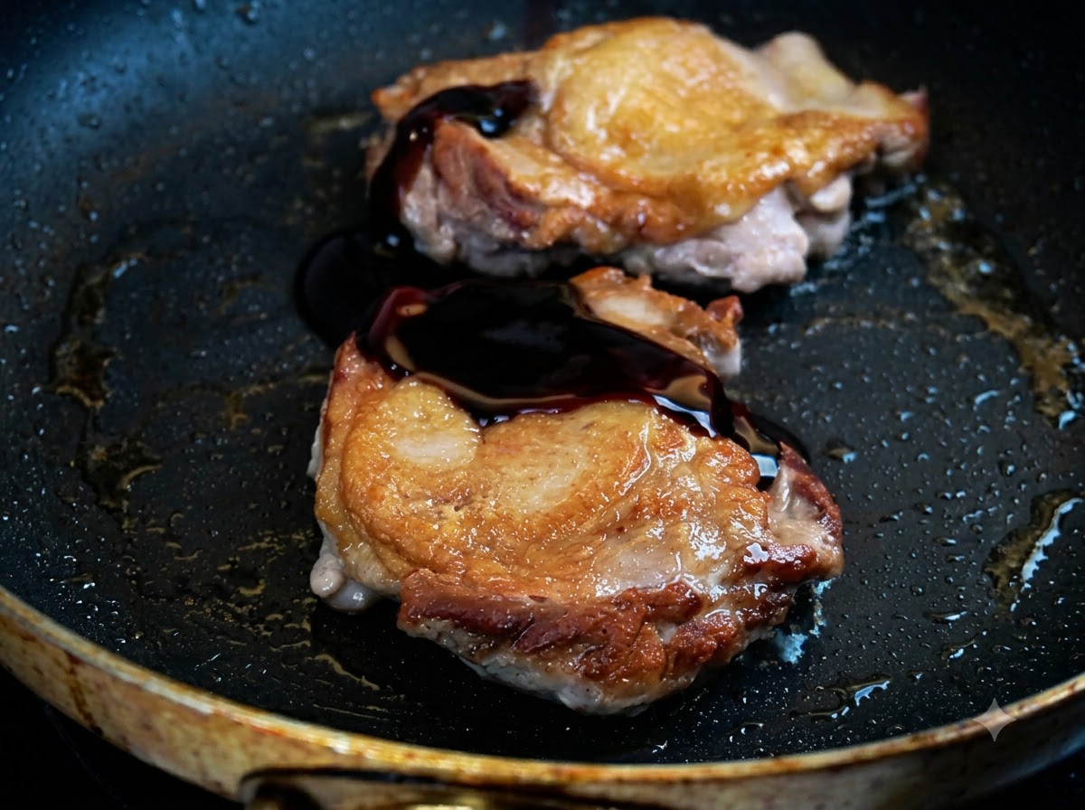 Salsa teriyaki scura che viene versata sopra le cosce di pollo fritte e dorate in una padella.