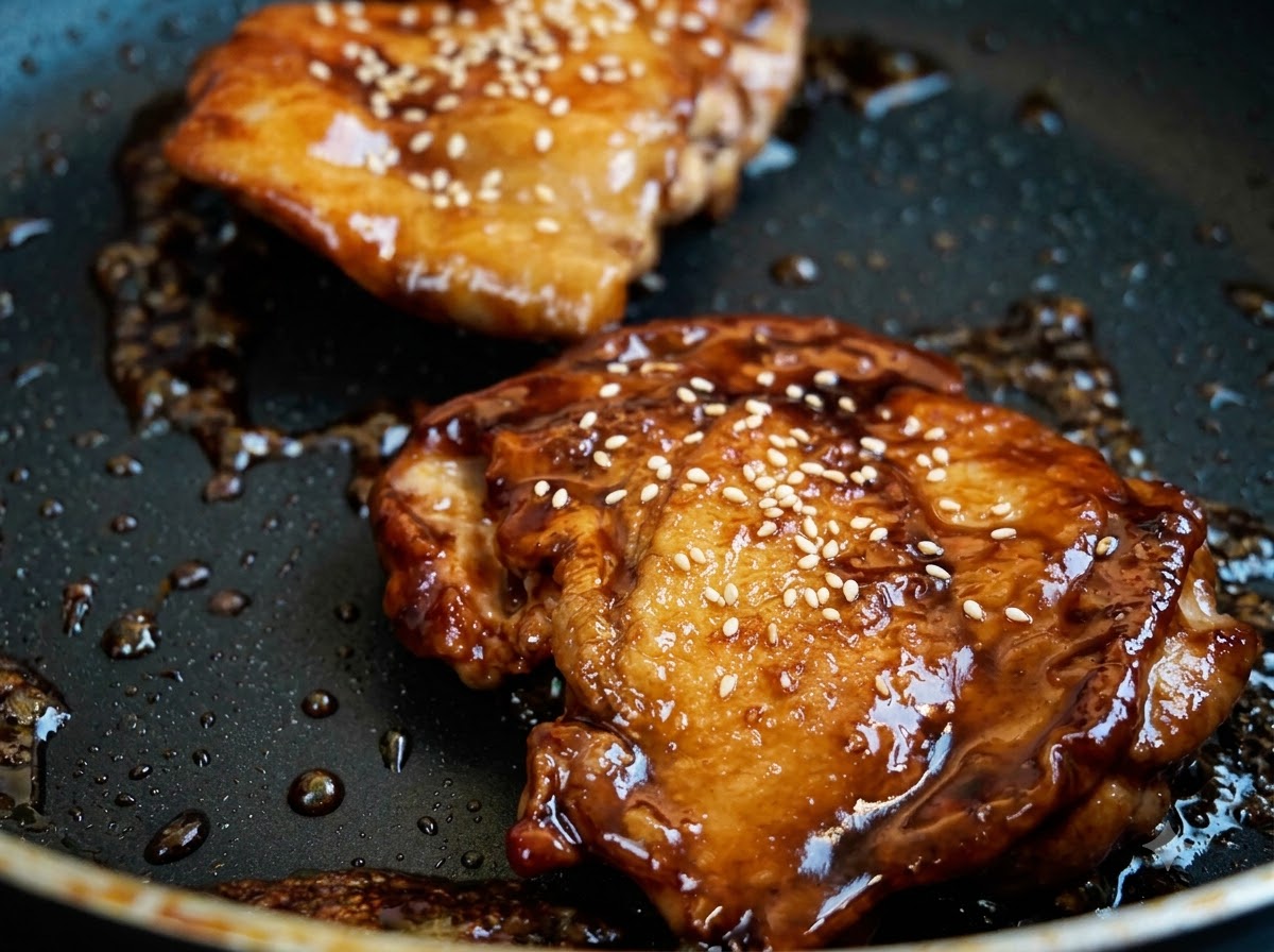 Vista ravvicinata delle cosce di pollo teriyaki glassate in una padella guarnite con semi di sesamo bianco sparsi.
