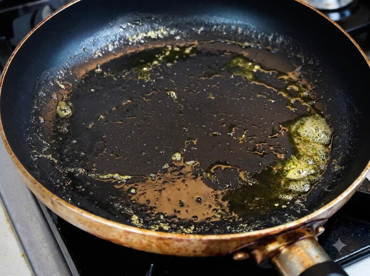 Burro che si scioglie e frigge in una padella scura usata per tostare i panini per hamburger.