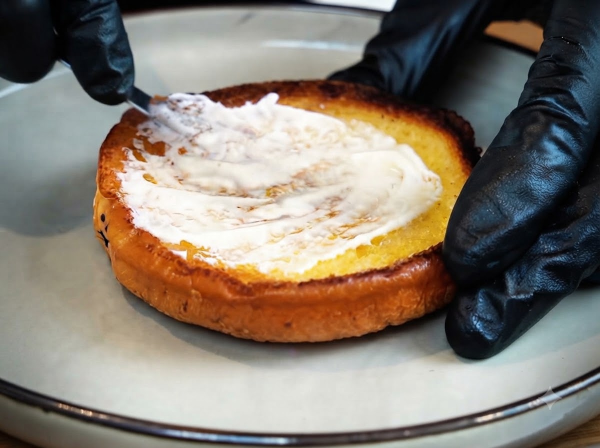 Una mano guantata che usa una piccola spatola per spalmare la maionese bianca su un panino per hamburger tostato e dorato.