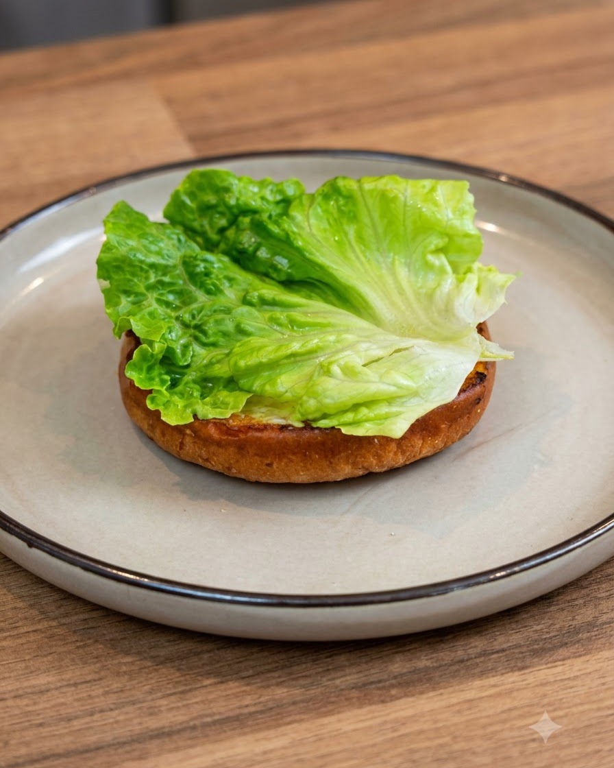 Foglie di insalata verde fresca disposte ordinatamente sopra la base di un panino per hamburger adagiato su un piatto di ceramica.