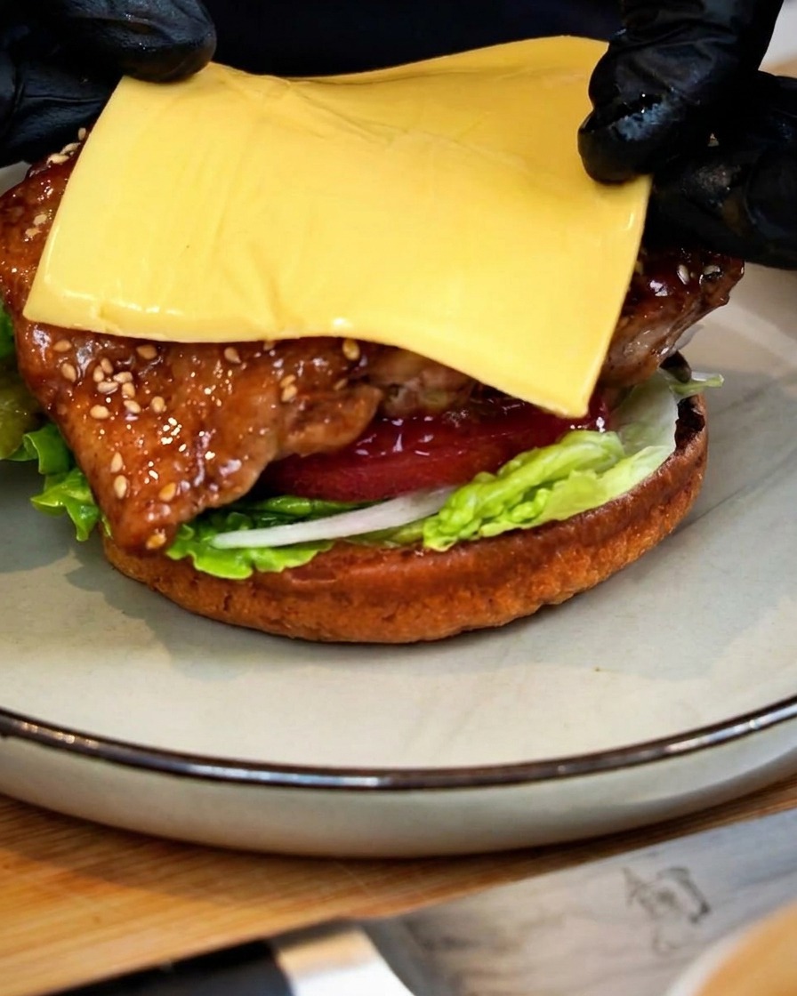 Una fetta di formaggio giallo posizionata sopra gli strati di pollo glassato e verdure su un panino per hamburger.