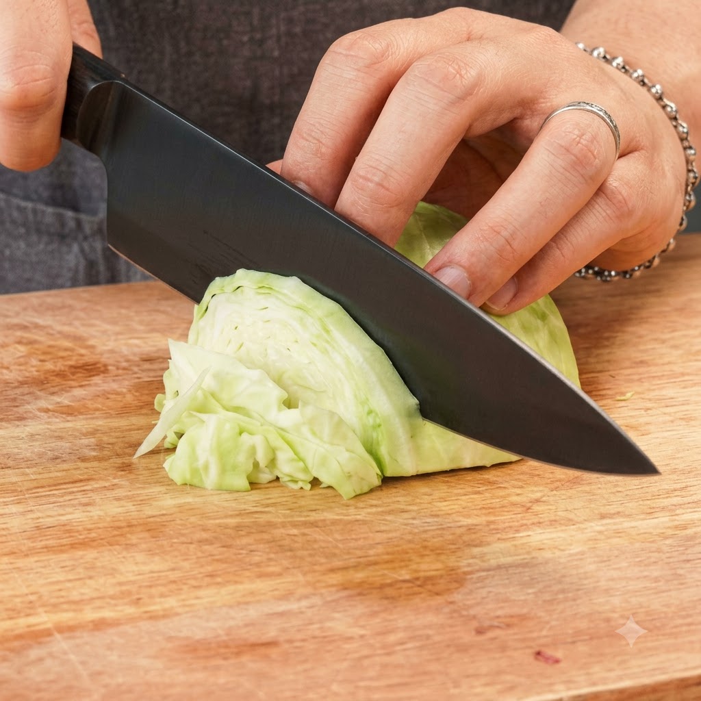Un coltello affilato taglia un cespo di cavolo cappuccio verde su un tagliere di legno.