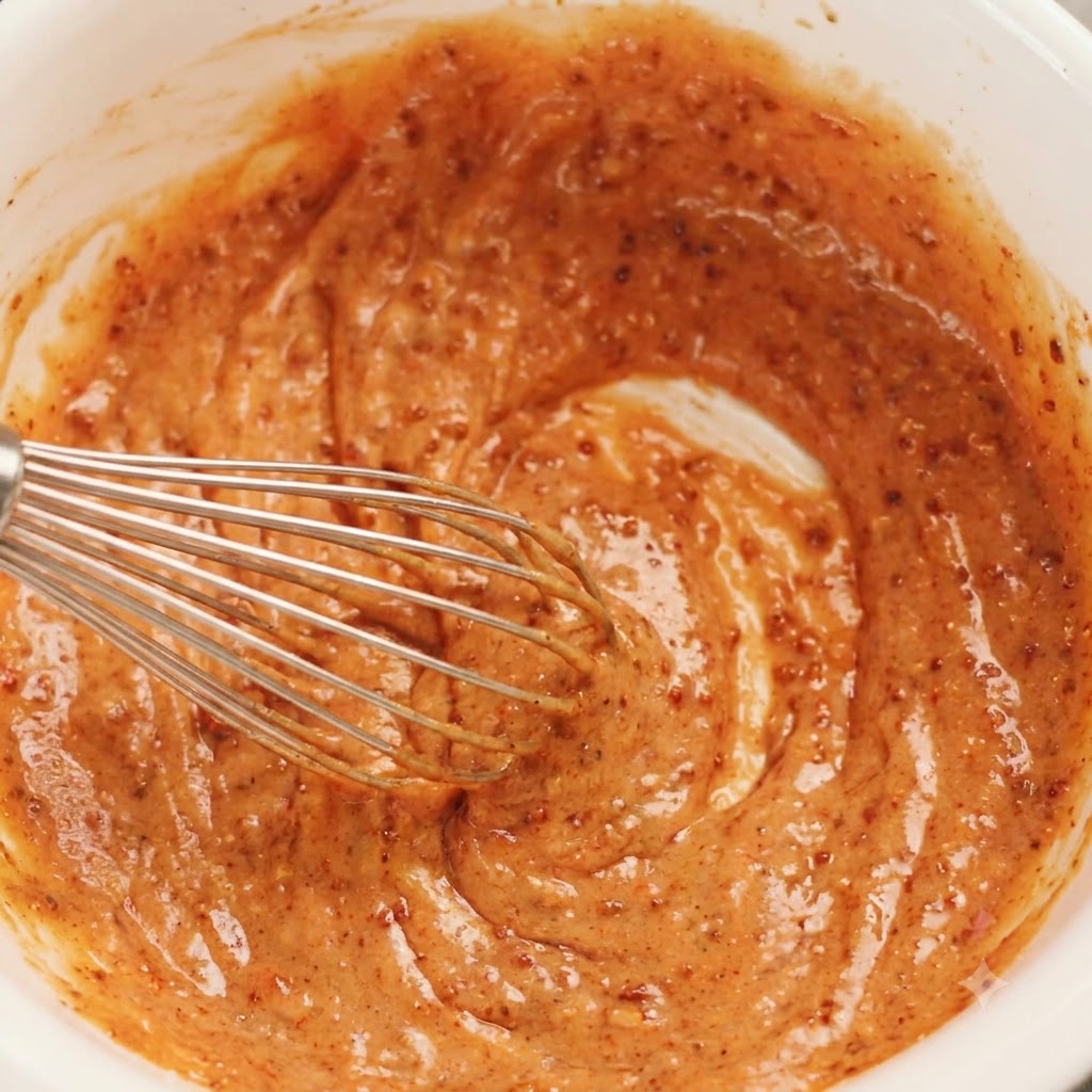 Una frusta da cucina mescola una ricca salsa arancione-rossa allinterno di una ciotola di ceramica bianca.