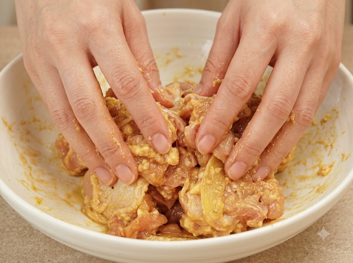 Mani che massaggiano e mescolano pezzi di pollo conditi in una grande ciotola bianca.