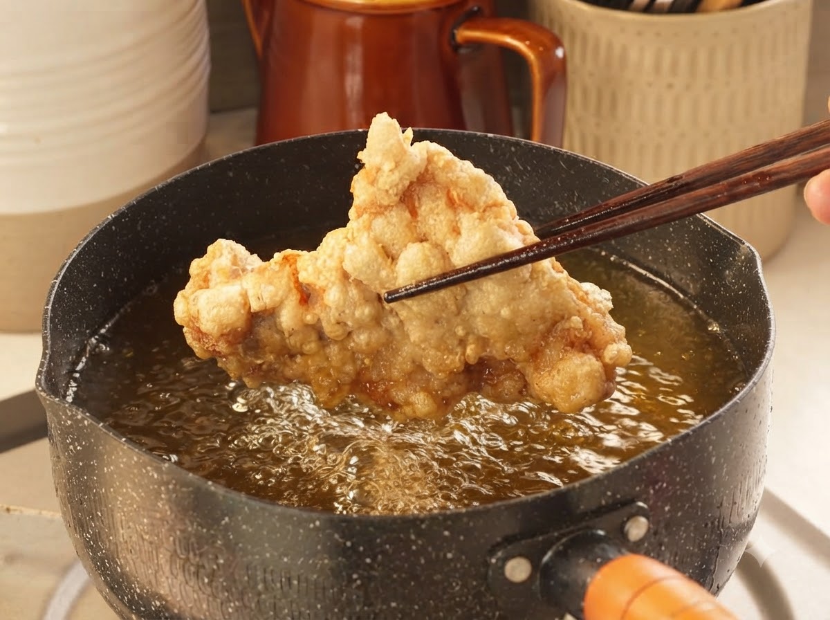 Bacchette di legno tengono sollevato un grande pezzo di pollo fritto dorato e croccante sopra una pentola dolio bollente.