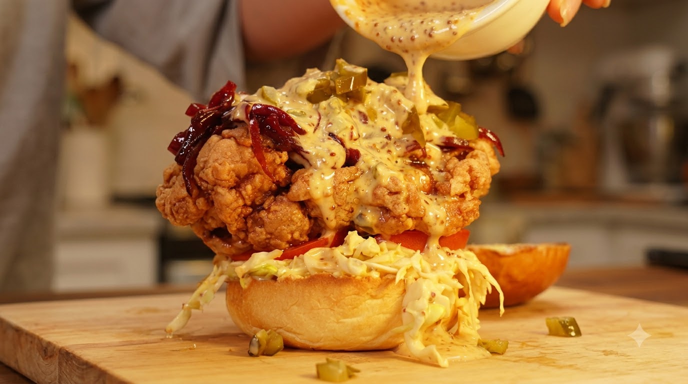 Panino con Pollo Croccante e Cipolle Caramellate al Vino Rosso