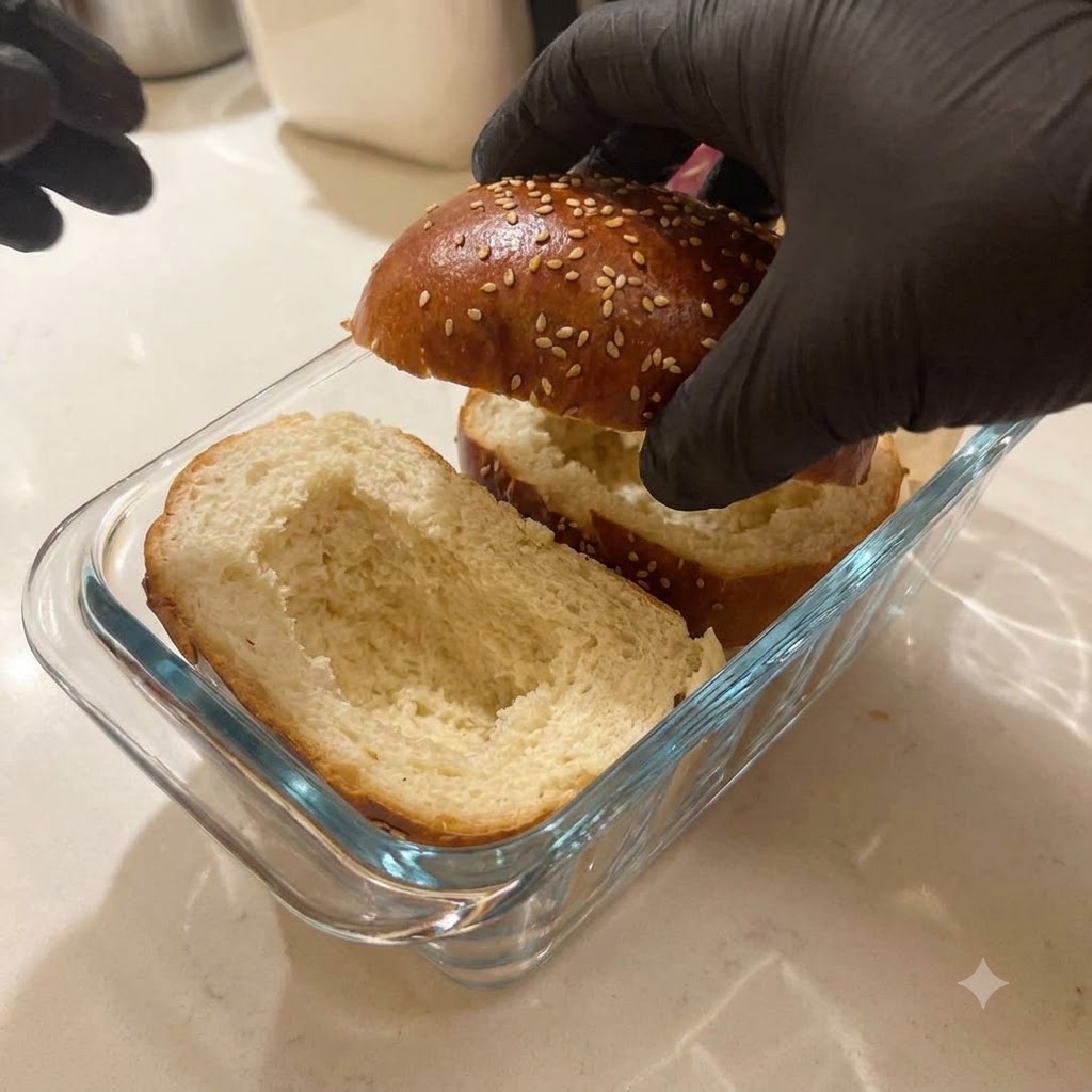 Una fetta di formaggio posizionata allinterno della metà inferiore del panino per hamburger svuotato.
