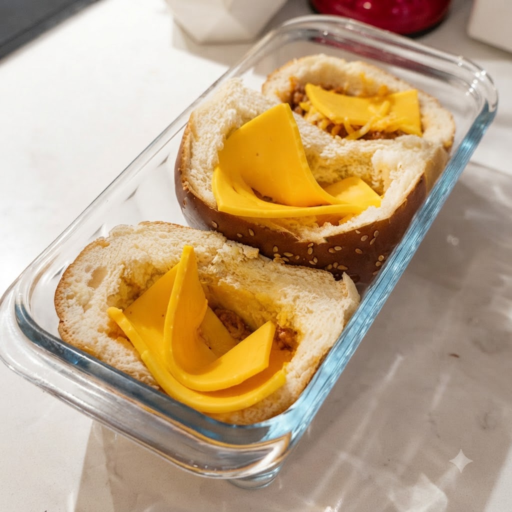 Il ripieno di carne macinata preparato viene messo con un cucchiaio nei panini per hamburger sopra le fette di formaggio.