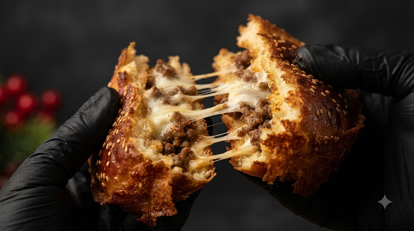Primo piano di un hamburger ripieno al forno mentre viene aperto, rivelando formaggio fuso filante e un saporito ripieno di carne allinterno di un panino croccante.