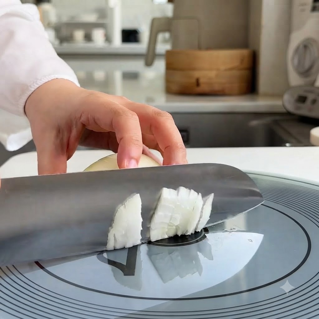 Una cipolla tagliata e affettata con cura in piccoli cubetti su un tagliere.