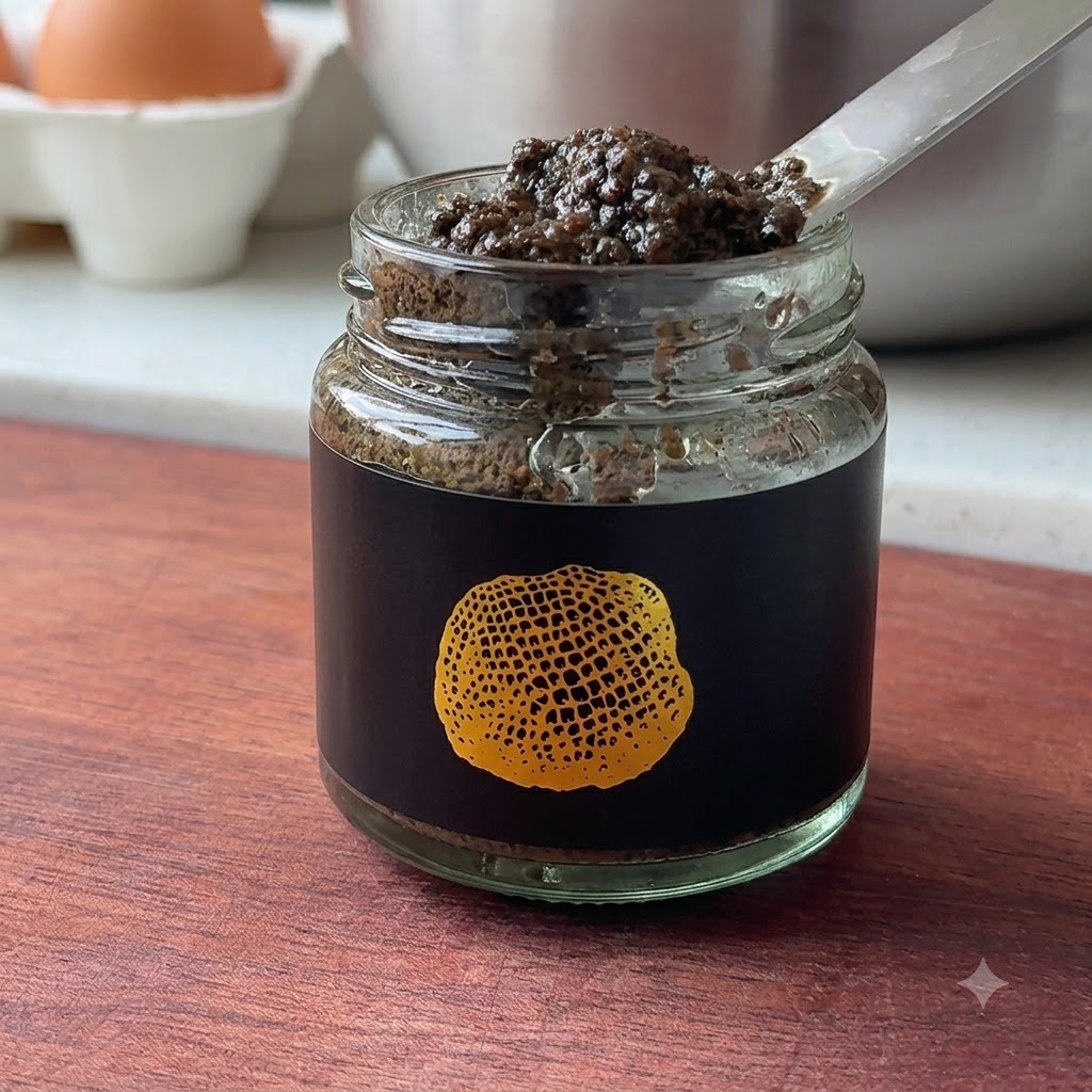 Un cucchiaio di salsa al tartufo nero scuro tenuto accanto a un barattolo con etichetta nera e oro, con un cartone di uova sullo sfondo sfocato.
