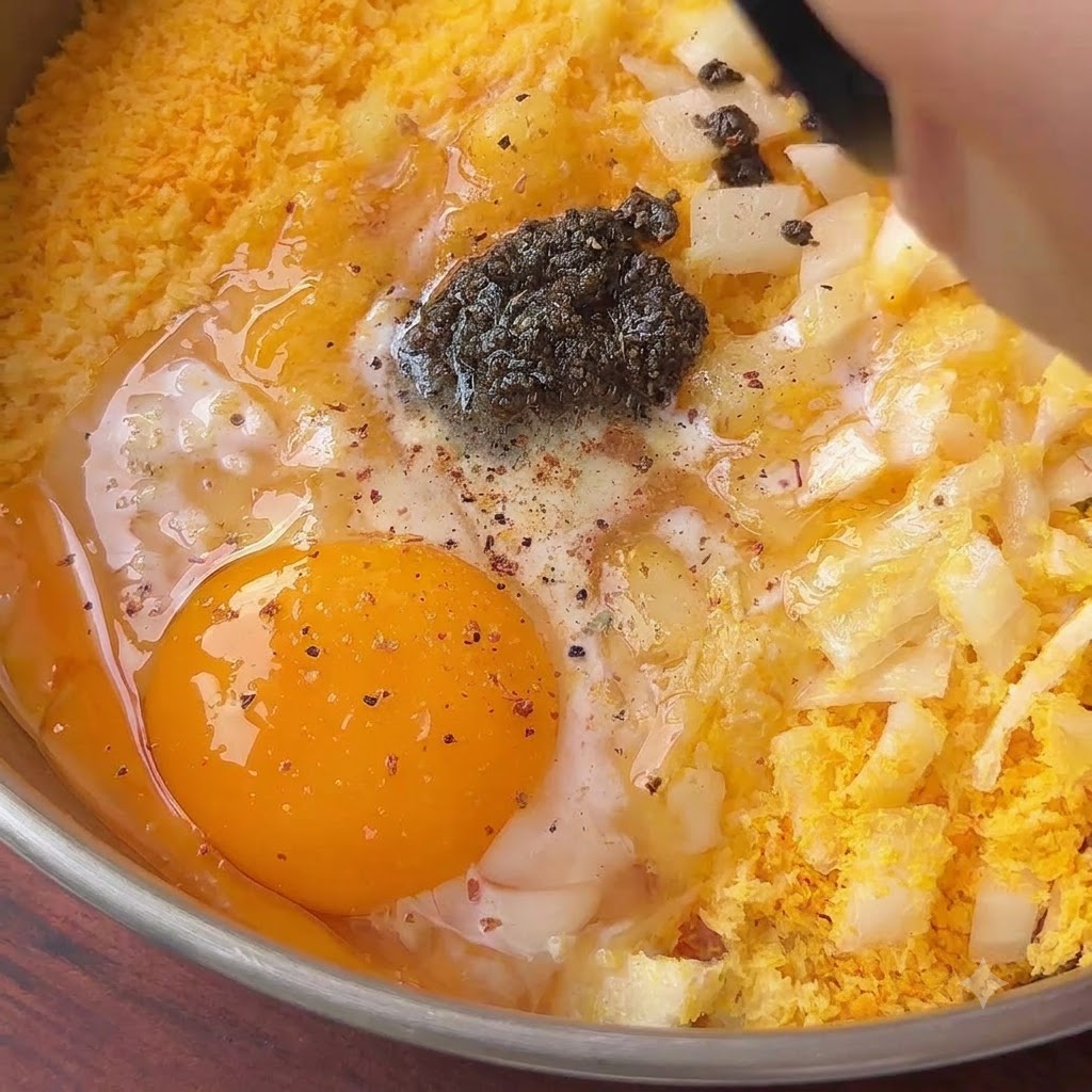Un tuorlo duovo crudo, salsa al tartufo scura e spezie sopra cipolle tritate e pan grattato in una ciotola.