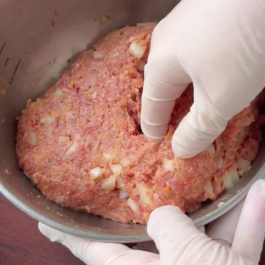 Mani con guanti che modellano un denso composto di carne e cipolle in una spessa polpetta tonda allinterno di una ciotola di metallo.