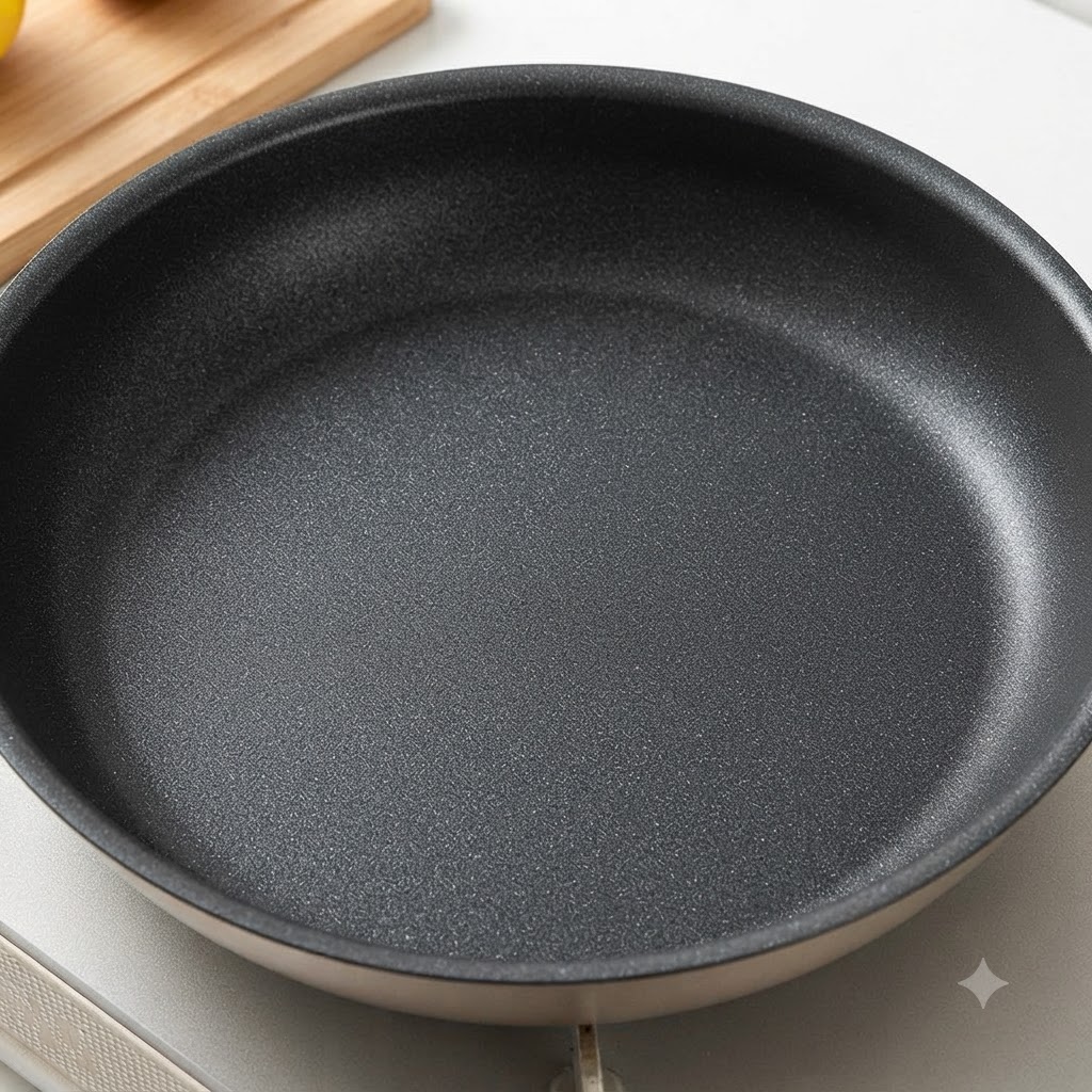 Una padella antiaderente scura e vuota posta su un fornello accanto a un tagliere di legno.