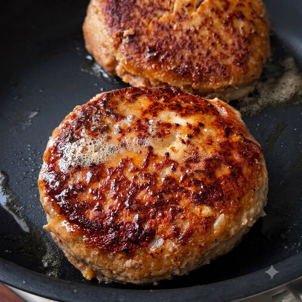 Due spesse polpette di hamburger con una crosta dorata scura che sfrigolano in una padella calda.