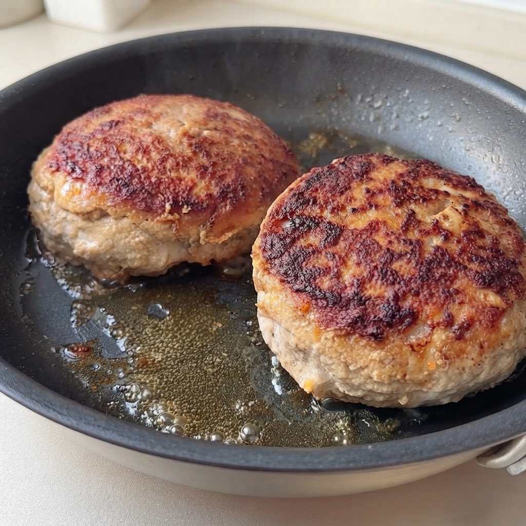 Due polpette di hamburger dorate che friggono in una padella circondate da olio bollente e succhi.