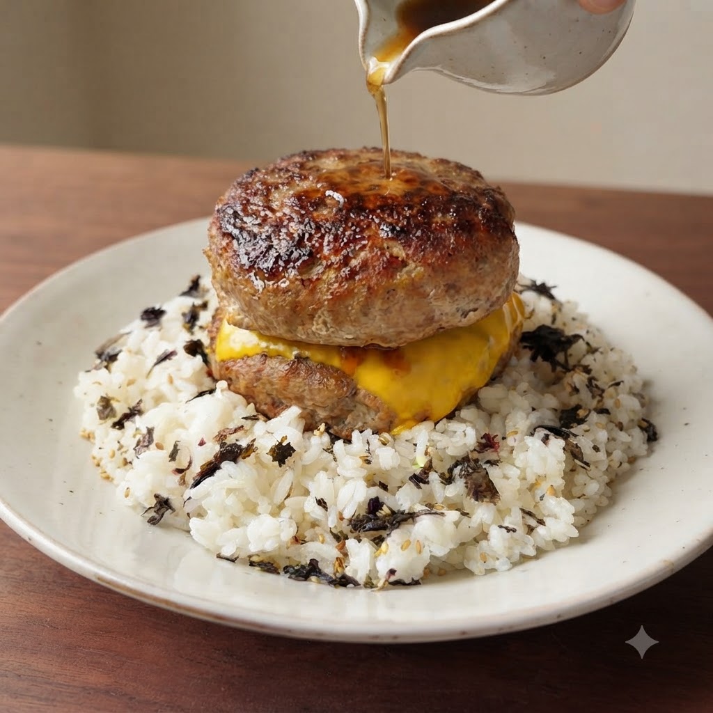 Una piccola brocca bianca che versa salsa saporita e trasparente sopra polpette di hamburger impilate e formaggio fuso sul riso.