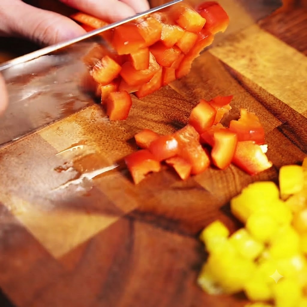 Cipolla rossa tagliata a piccoli pezzi su un tagliere di legno.