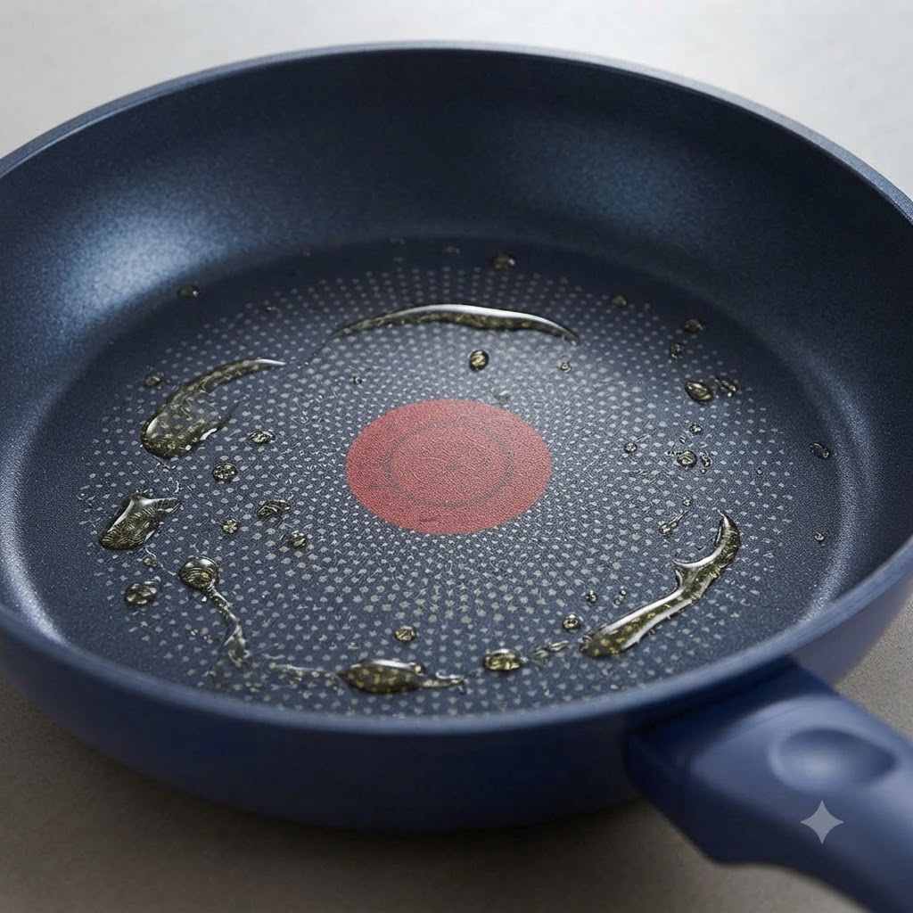 Cipolle tritate finemente e aglio affettato che cuociono in una padella blu con olio a fuoco basso.