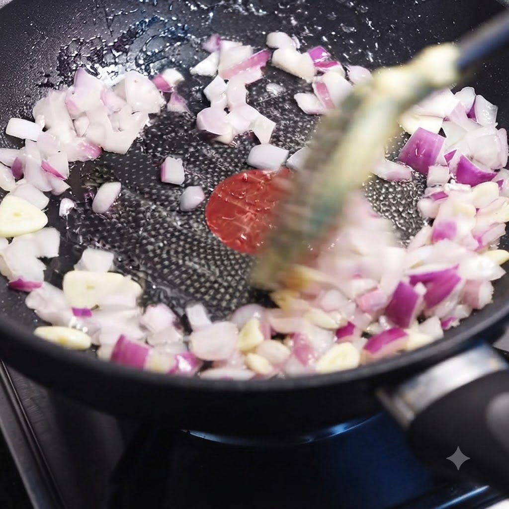 Cipolle e aglio che soffriggono in padella seguiti dallaggiunta di carne macinata saltata a fuoco vivo.