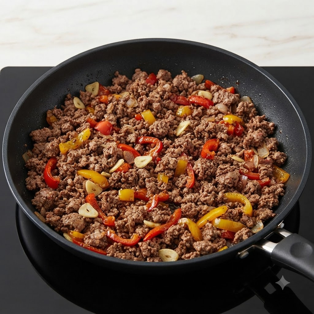 Peperoni a dadini e spezie mescolati nella carne di manzo macinata cotta allinterno di una padella.