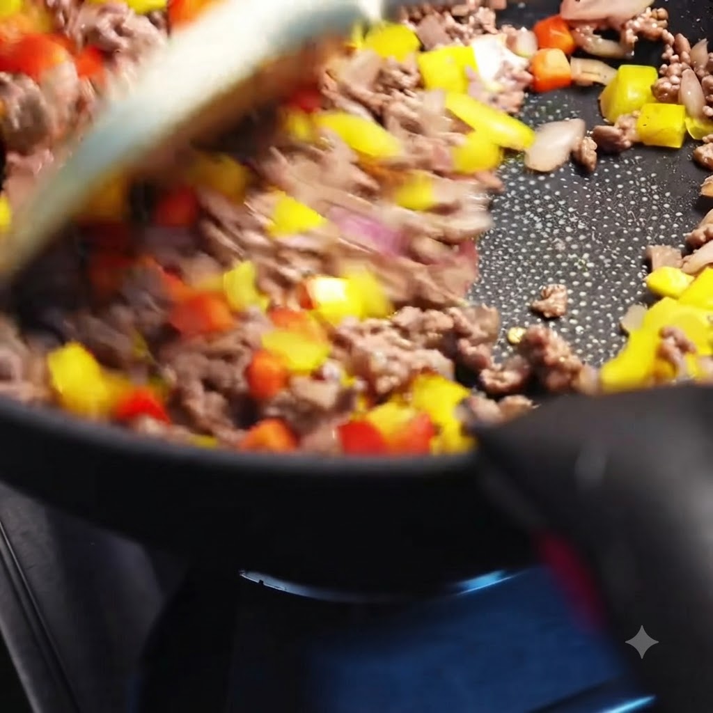 Mix di spezie, sale e zucchero aggiunti al composto sfrigolante di manzo e peperoni in una padella.